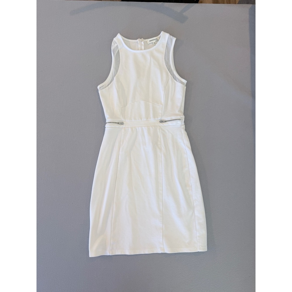 Monteau Los Angeles White Sleeveless Mesh Zipper Accent Sheath Dress XS‎
